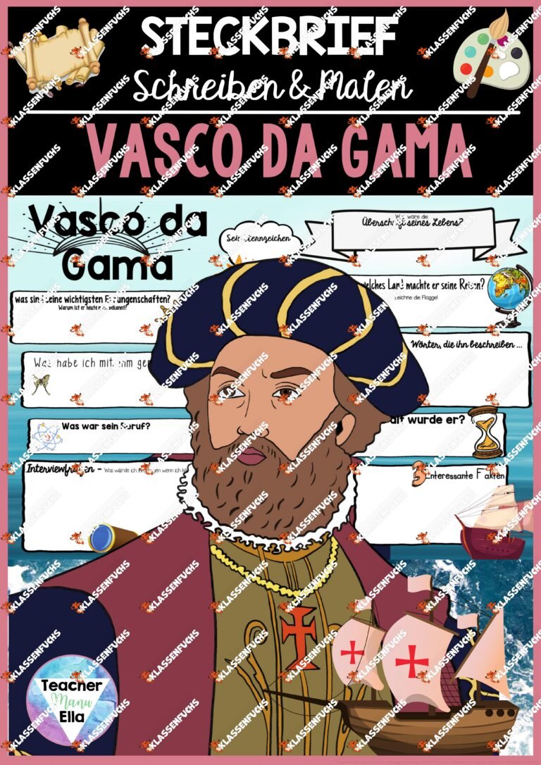 Steckbrief Entdecker – Vasco da Gama und Schreiben + Malen